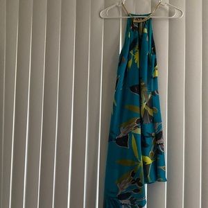 Dress with bluish-green blend and gold accents